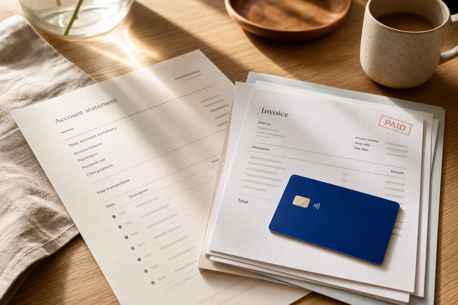 A bank statement and paid invoices on a desk with a cobalt debit card