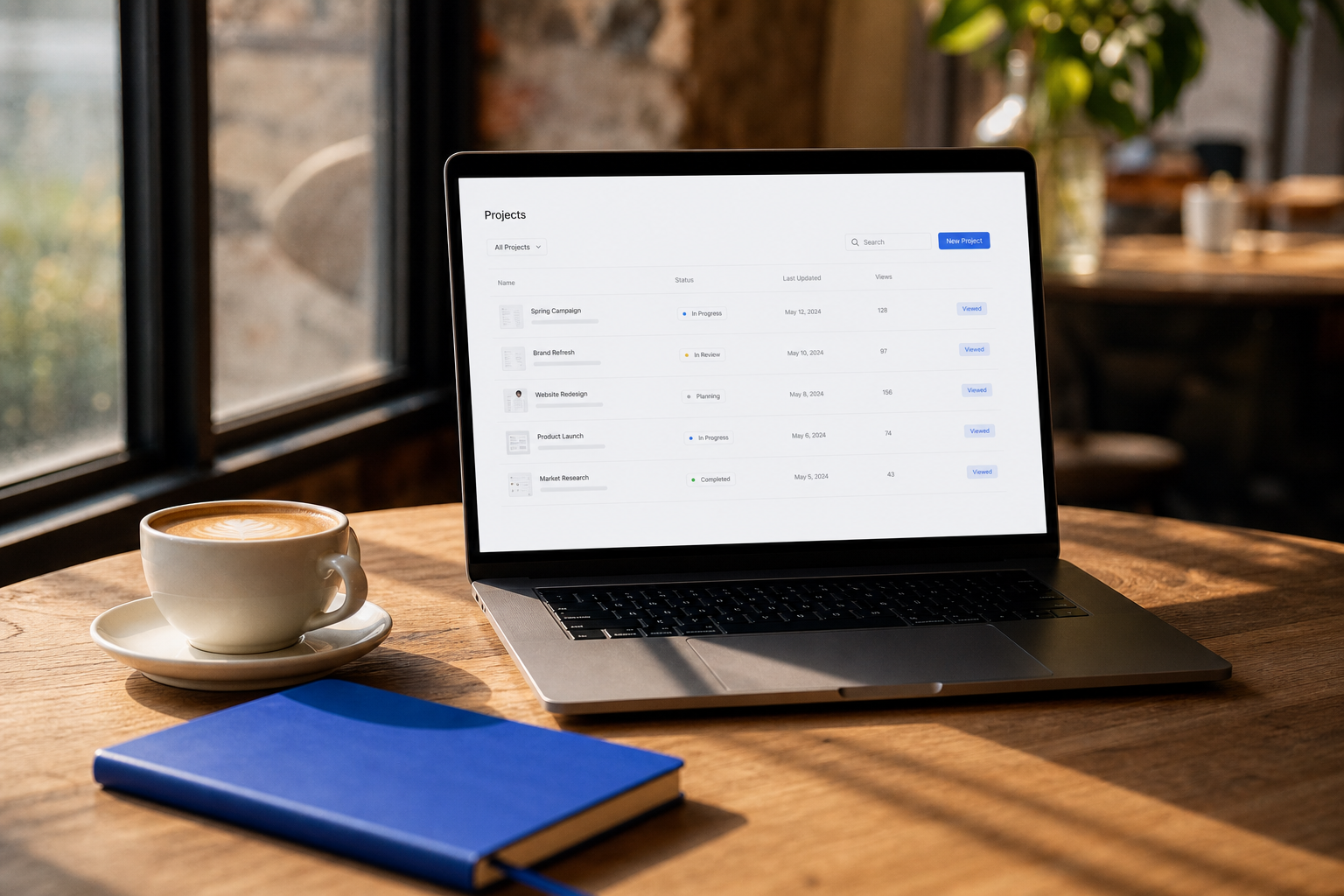 A laptop dashboard showing an invoice marked Viewed, beside a flat white