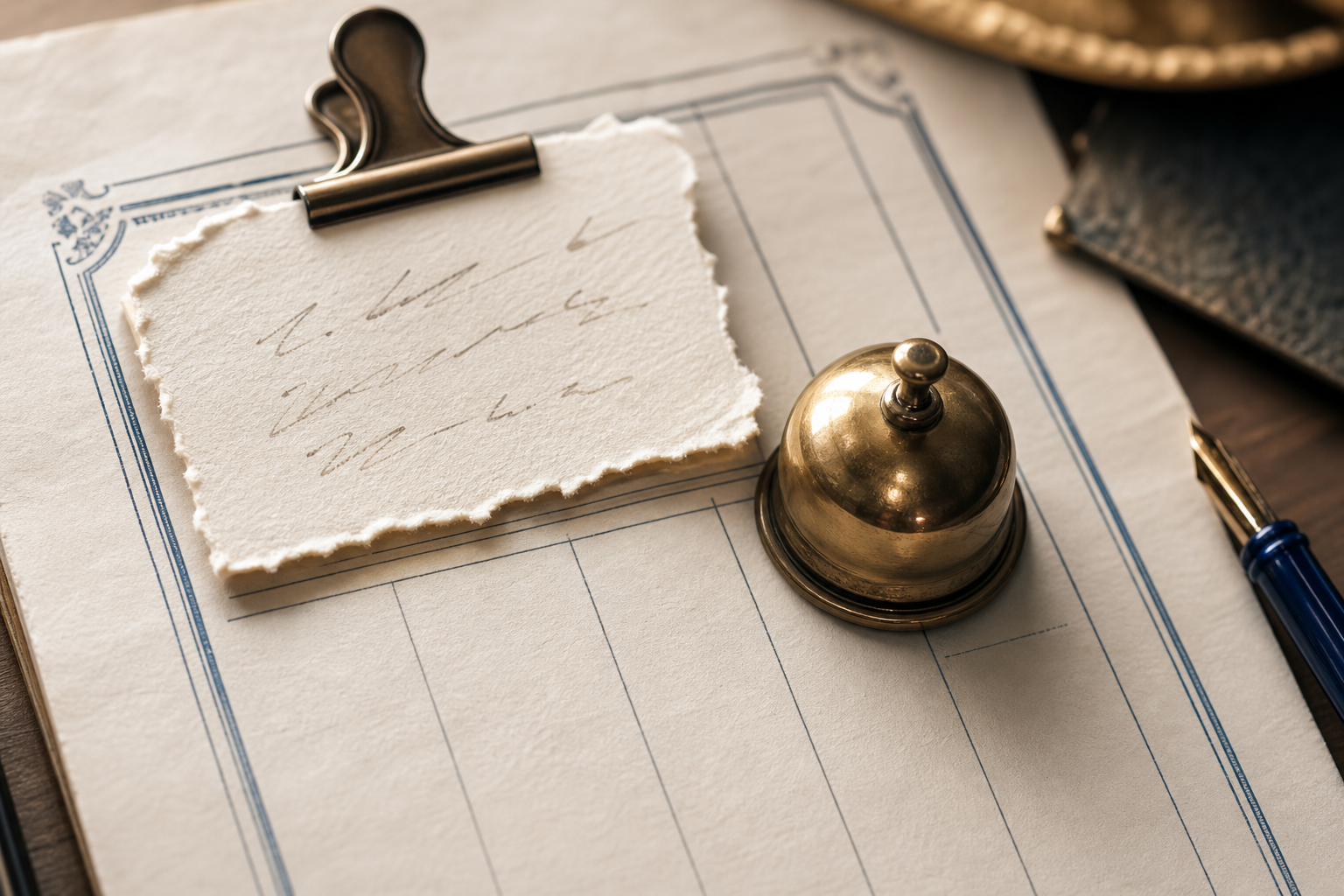 A handwritten note clipped to an invoice next to a small brass bell